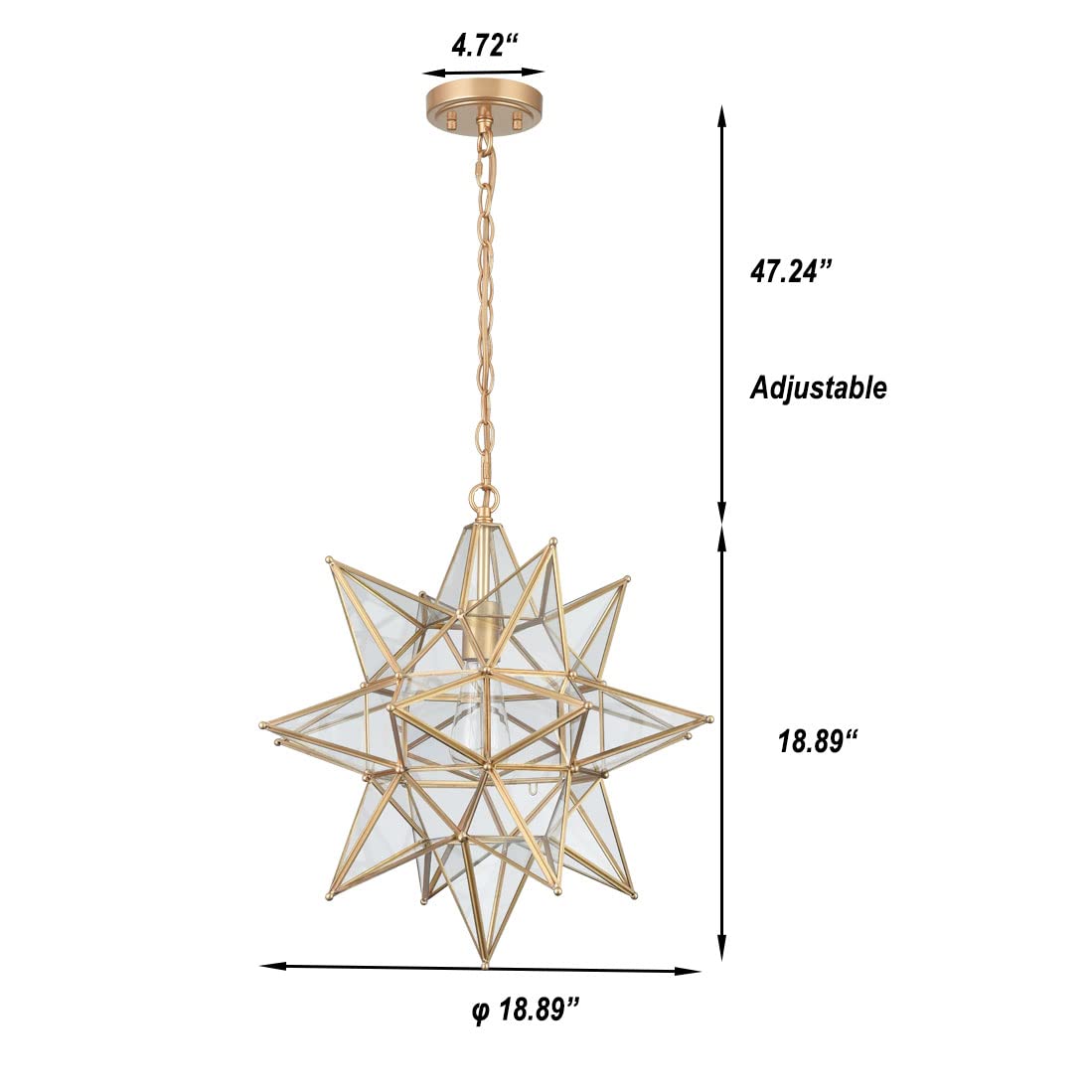 Moravian Star Pendant Light 20-Inch Large Hanging Ceiling Light Modern Gold Finish with Seeded Glass Adjustable Chain