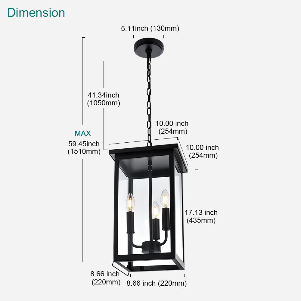 Black Outdoor Pendant Light 4-Light Outside Pendant Hanging Light Fixture Ceiling Mount with Clear Glass Industrial Hanging Cage Chandelier for Porch,Entryway,Doorway,Farmhouse