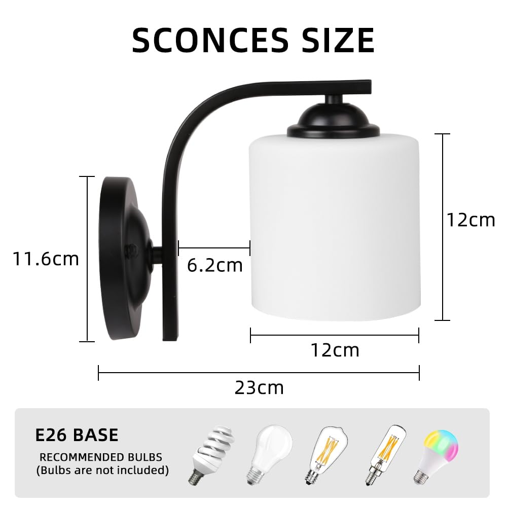 Wall Sconce 1 Light, Modern Wall Light Fixture, Bathroom Vanity Lights with Matte Black Wall Lamp for Bedroom Kitchen Hallway Porch, Milky White Glass Shades, E26 Socket, Bulbs Not Included