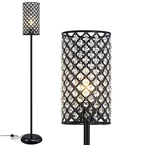 Crystal Floor Lamp, Elegant Standing Lamp Modern Floor Lamp Silver Finish Tall Pole Lamp Accent Light with On/Off Foot Switch for Living Room, Girl Bedroom, Dresser, Office