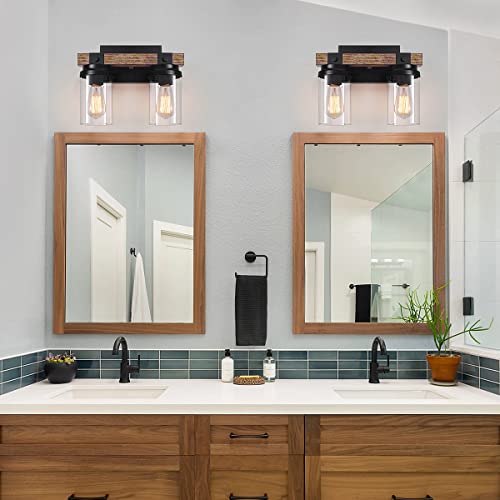 2-Light Farmhouse Vanity Lights for Bathroom, Rustic Bathroom Light Fixtures with Pretty Glass Shade, Black Industrial Wood Grain Wall Sconce for Bathroom Hallway Bedroom