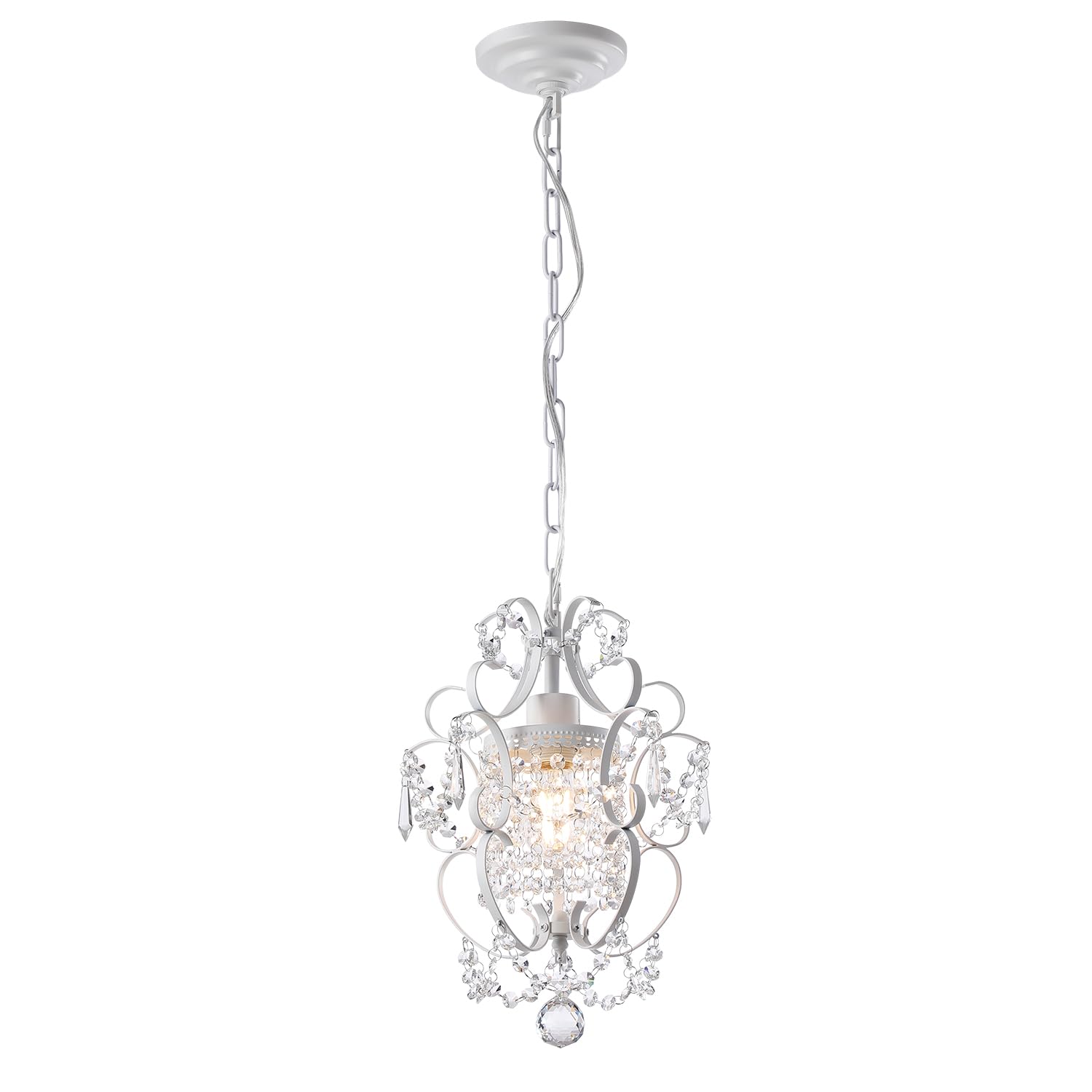 Mini Chandelier White Crystal Chandelier 1 Light Elegant Chandelier Crystal Iron Ceiling Light Fixture for Bedroom,Farmhouse,Foyer