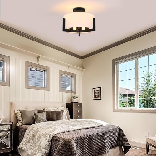 14inch Semi Flush Mount Ceiling Light: 3-Light Black Modern Light Fixtures Ceiling Mount with Drum Fabric Shade, Close to Ceiling Lighting for Bedroom, Kitchen, Entryway, Foyer(Bulb Exclude)