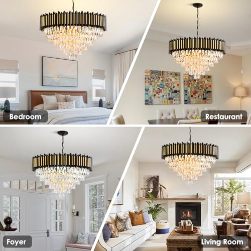 Modern Crystal Chandeliers 3 Tiers Black and Gold Chandelier Pendant Light Fixtures Round Flush Mount Chandeliers Ceiling Lighting for Living Room Dining Room Foyer Bedroom Entryway Kitchen W16in