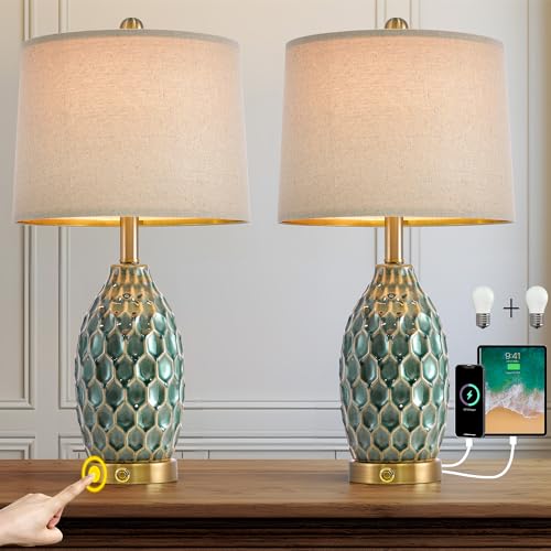 Modern Ceramic Table Lamp Set of 2 Industrial Boho Metal Bedside Lamp for Living Room Office Nightstand Lamp for Bedroom