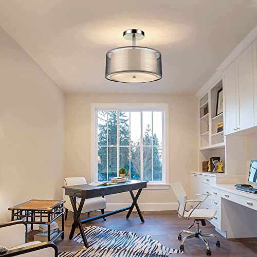 3-Light Semi Flush Mount Ceiling Light Fixture - Easric Modern Light Fixtures Ceiling Mount Drum Light Fixture with Double Fabric Shade Closed to Ceiling Lamp for Bedroom Kitchen Hallway Foyer, White