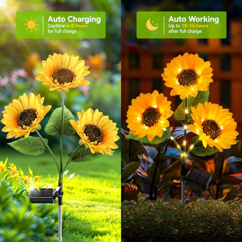 Solar Lights Outdoor Garden Decor - Upgraded 3 Pack Solar Garden Lights with 9 Sunflower Lights, Waterproof Solar Outdoor Lights Auto ON/Off Solar Decorative Lights for Garden, Patio, Yard