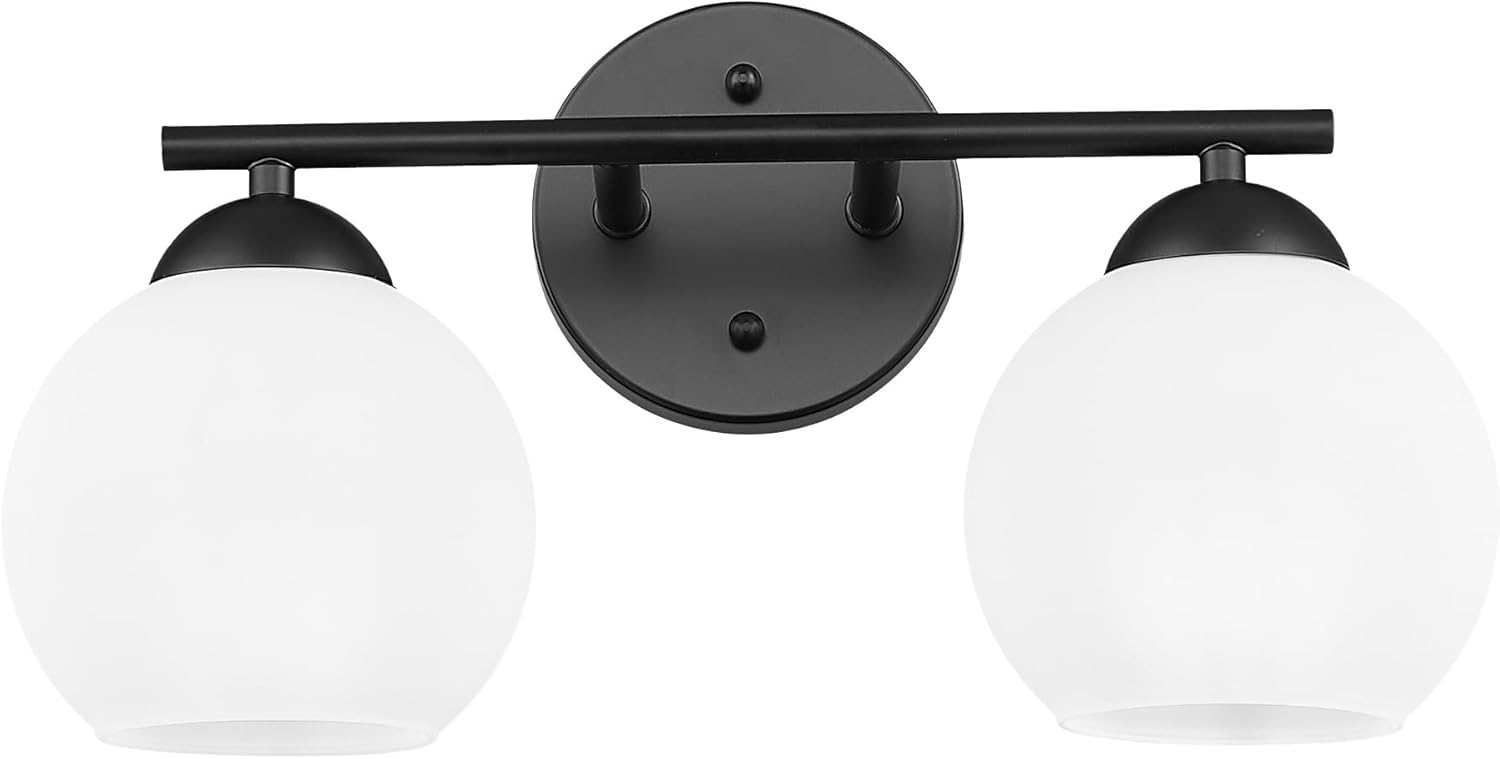 Black Vanity Lights for Mirror, Modern Farmhouse 2-Light Bathroom Light Fixtures Globe Bathroom Vanity Light with Milk Glass Shade, VL114-BK-ML-2