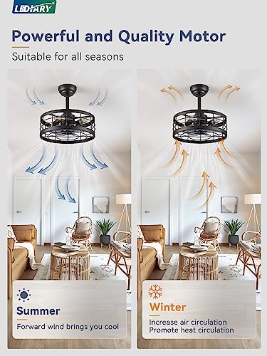 16.5 inch Black Caged Ceiling Fan with Light, Bladeless Industrial Ceiling Fan with Remote, Farmhouse Fan Lights Ceiling Fixtures for Kitchen, Bedroom, Outdoor（6 Speed, Timing）-Black