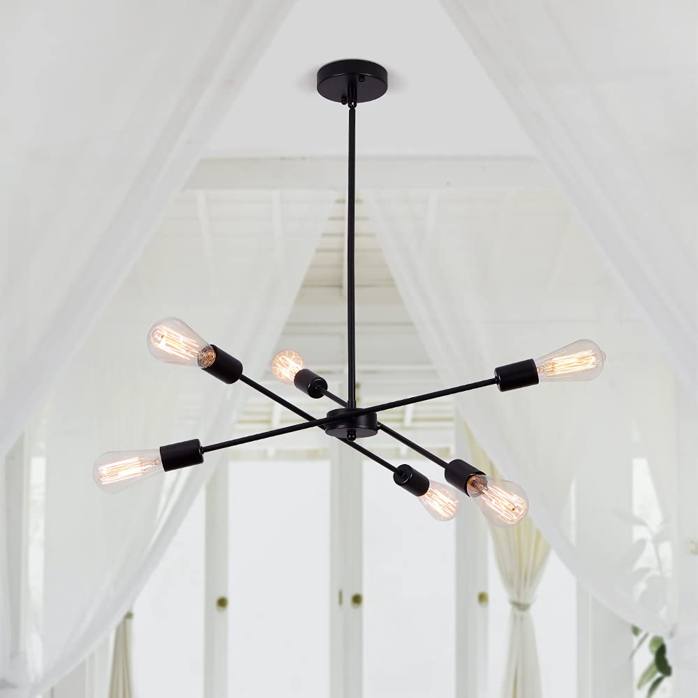 Black Sputnik Chandelier 6 Lights,Modern Industrial Ceiling Light,Mid Century Vintage Contemporary Pendant Dining Room Lighting Fixtures Hanging