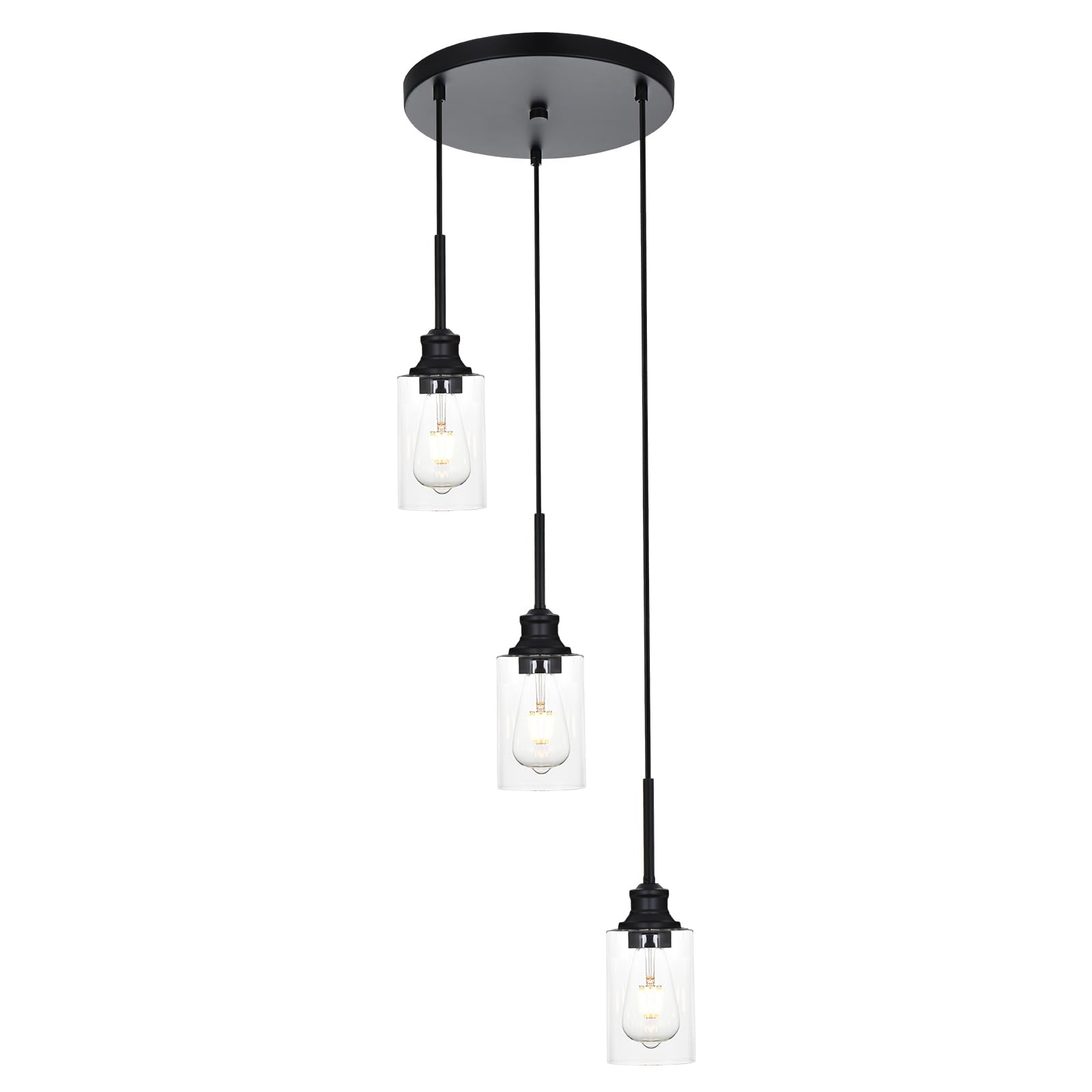 3-Light Kitchen Island Pendant Light Fixtures Hanging Black Farmhouse Pendant Lighting Cluster with Clear Glass Shade, Modern Industrial Linear Chandeliers Light for Dining Room Foyer Hallway