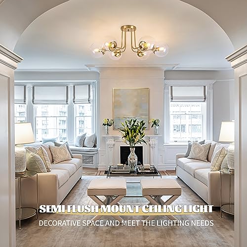 KoKo&Yukina 3-Light Semi Flush Mount Ceiling Light Globe Ceiling Light Mid Century Ceiling Light with Opal Milk Glass Globe & Brushed Brass for Bedroom Hallway Entryway Kitchen Living Room-Bulb Incl