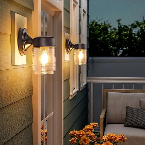 Jelly Jar Outdoor Wall Lantern, Black Exterior Waterproof Wall Mount Lighting Fixture, Anti-Rust Front Door Wall Sconce with Clear Ribbed Glass Shade, E26 Socket Wall Lamp for Patio, 2 Pack