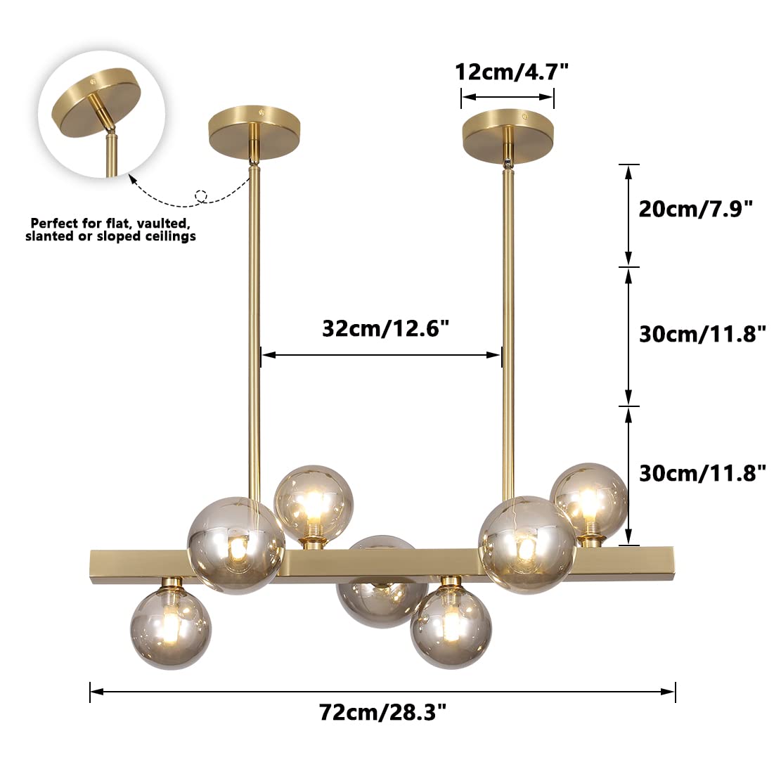 BOKT Modern Gold Chandelier 7-Lights Frosted Glass Globe Pendant Light Kitchen Island Linear Hanging Lighting Fixtures for Living Room Bedroom Dining Room Corridor