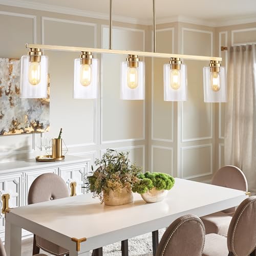 Island Light for Kitchen, Black and Gold Dining Room Light Fixture Over Table, 4-Light Linear Chandelier Pendant Lighting for Dining Table Kitchen Island Living Room