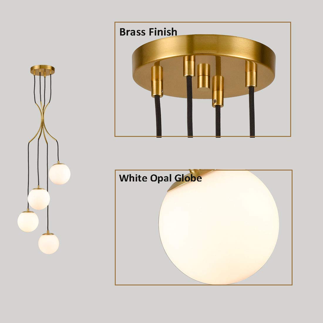 Mid Century Modern Pendant Lighting 4-Light Globe Chandeliers White Opal Glass Shade Brass