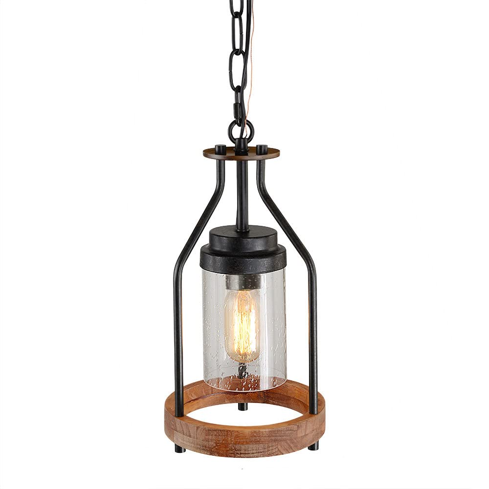 Wooden Ring Hemp Rope Chandelier Retro Farmhouse Pendant Lighting Round Wagon Wheel Light Fixtures 3 Lights with Glass Shade, Brown (C0047)