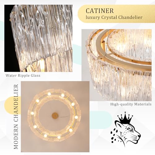 Modern Gold Chandeliers,20” Crystal Glass Pendant Ceiling Light Fixtures 7-Light Round Chandelier Luxury 2 Tiers Hanging Chandelier for Dining Room Foyer Living Room Bedroom