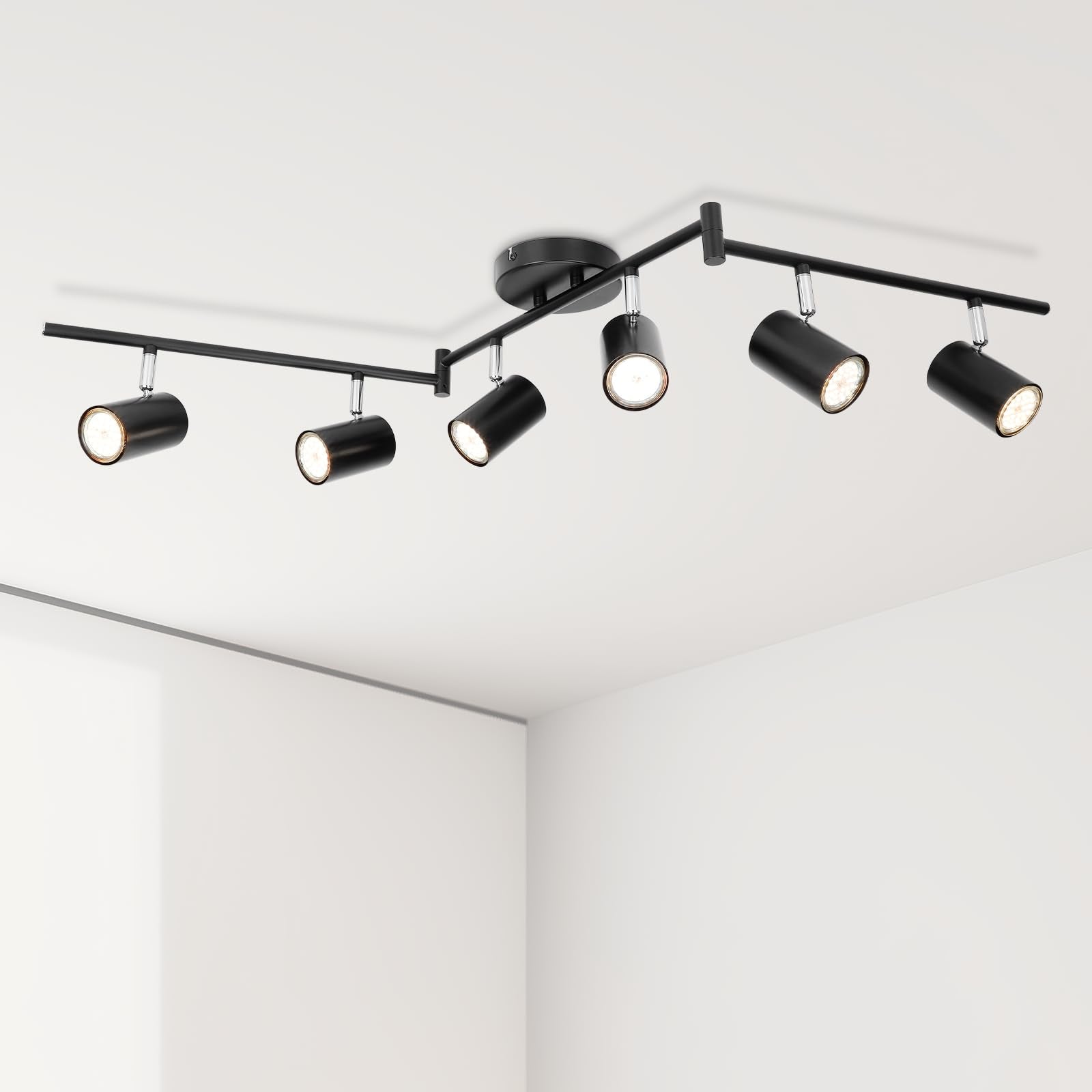 4-Light Track Lighting - Black 4 Way Ceiling Spot Lighting with Rotatable & Detachable GU10 Light Head - Flush Mount Modern LED Track Light Kit for Kitchen Cabinet Gallery Bar Office