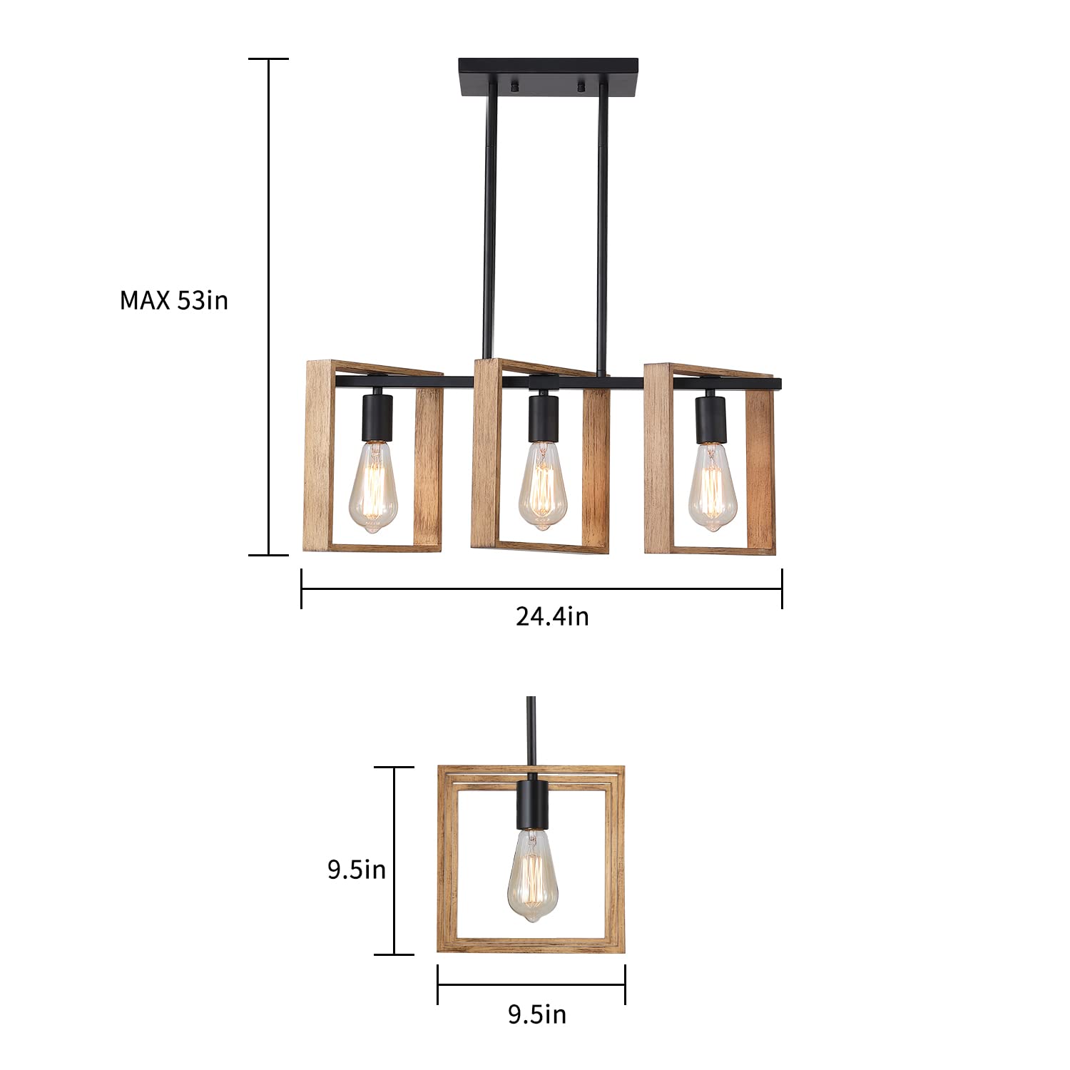 9MMML 3 Lights Kitchen Island Lighting, Modern Rectangle Linear Pendant Light, Black Frame+ Gold Socket Chandelier for Dining &Living Room Foyer Entryway Hallway,E26,Height Adjustable.