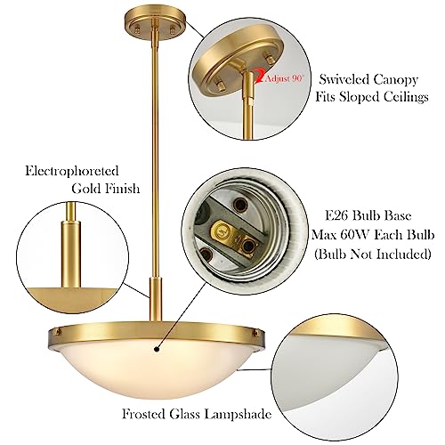 16-Inch Gold Semi Flush Mount Ceiling Light Mid Century Modern 3-Light Milk Glass Ceiling Light Brass Flush Mount Light Fixtures for Bedroom Hallway Staircase