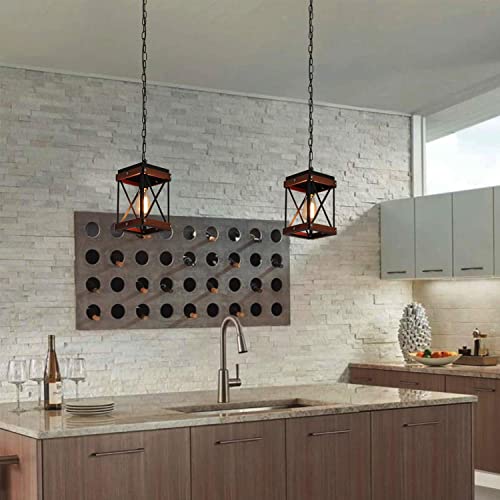 Modern Farmhouse Antique White Distressed Pendant Light with Wood and Metal Cage, One-Light Adjustable Chains Rustic Mini Pendant Lighting Fixture for Kitchen Island Cafe Bar