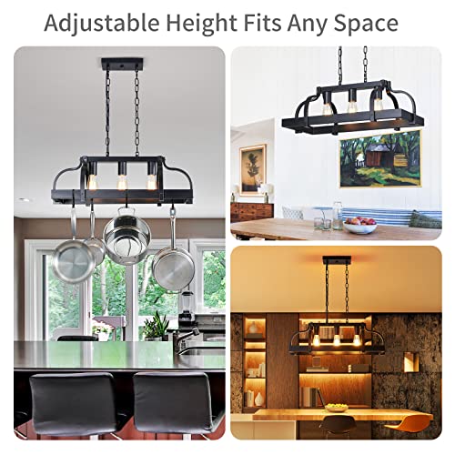 WUZUPS 5-Light Metal Chandelier Imitation Wood Grain Linear Pendant Ceiling Lighting Rustic Farmhouse Fixture Kitchen Island Dining Room, H 8.5" L 31.5" W10, E26 Base, Black & Antique White