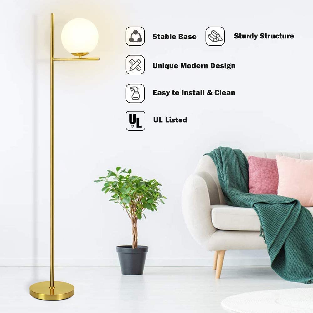 Modern LED Sphere Floor Lamp-9W Frosted Glass Globe Standing Lamps for bedroom, Energy Saving Mid Century Tall Pole Standing Accent lighting for Living Room, Office, Bedroom, Black