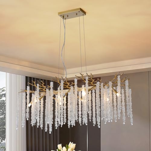 Modern Tree Branch Crystal Chandelier Luxury Gold Raindrop Pendant Lighting 23.6" Contemporary 8-Light Chandeliers for Dining Room Kitchen Bedroom Living Room