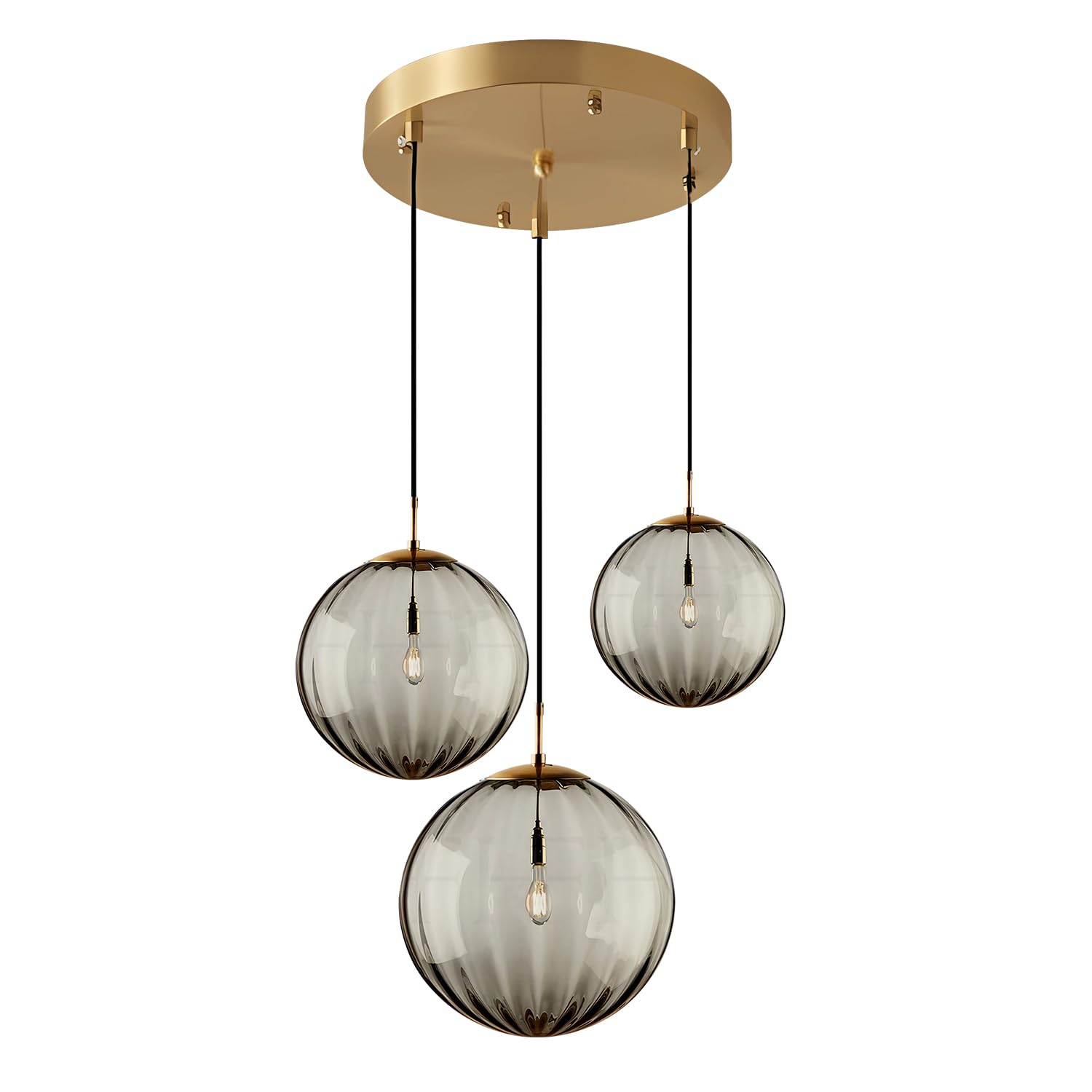 KCO Lighting Modern Gold 3 Light Hanging Pendant Light Large Smoke Glass Globe Cluster Chandelier Brush Brass Kitchen Island Light Fixture Nordic Multi Light Pendant Lighting