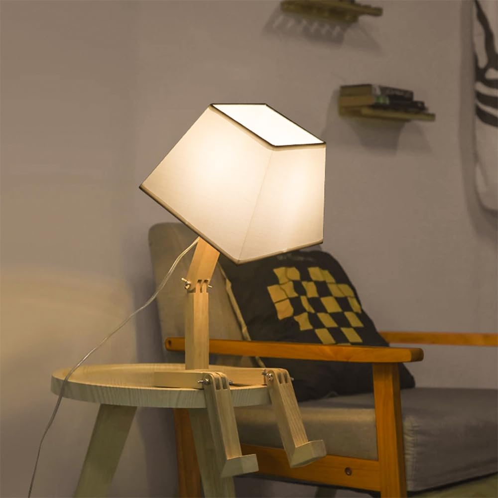 Cute Desk Lamp, Dimmable Robot Table Lamps, Wood Bedside Lamps Nightstand Lamp for Bedroom, Study, Office, Living Room