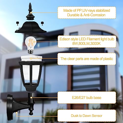 Outdoor Wall Light Dusk to Dawn, Porch Sensor Light White Plastic Anti-Corrosion with LED Edison Filament Bulb, Exterior Mount Lantern for House, Garage (1-Pack), FDS2542PS-W