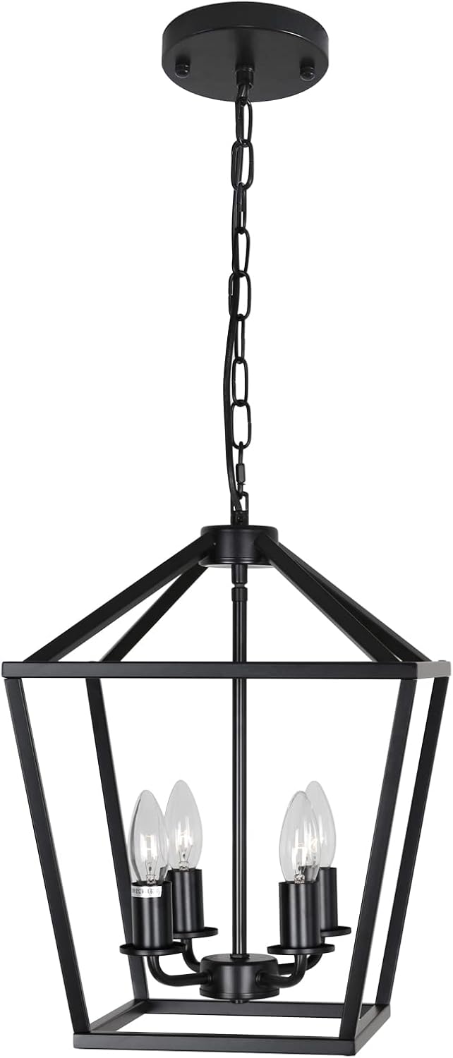 4-Light Lantern Pendant Light,Modern Industrial Black Cage Farmhouse Chandelier for Kitchen Island,12'' Rustic Metal Hanging Lighting Fixture for Dining Room Bedroom Foyer Entry Porch