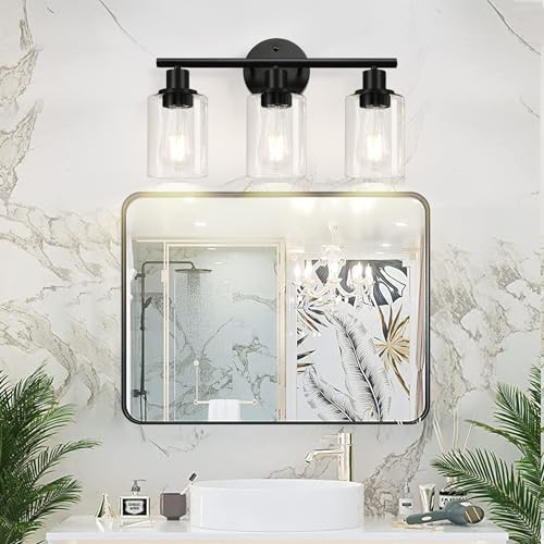 3-Light Bathroom Light Fixtures, Black Modern Vanity Lights with Clear Glass Shade, Bathroom Wall Lamp for Mirror Kitchen Living Room Hallway Cabinet Porch