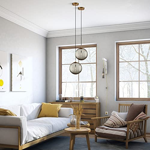 KCO Lighting Modern Gold 3 Light Hanging Pendant Light Large Smoke Glass Globe Cluster Chandelier Brush Brass Kitchen Island Light Fixture Nordic Multi Light Pendant Lighting