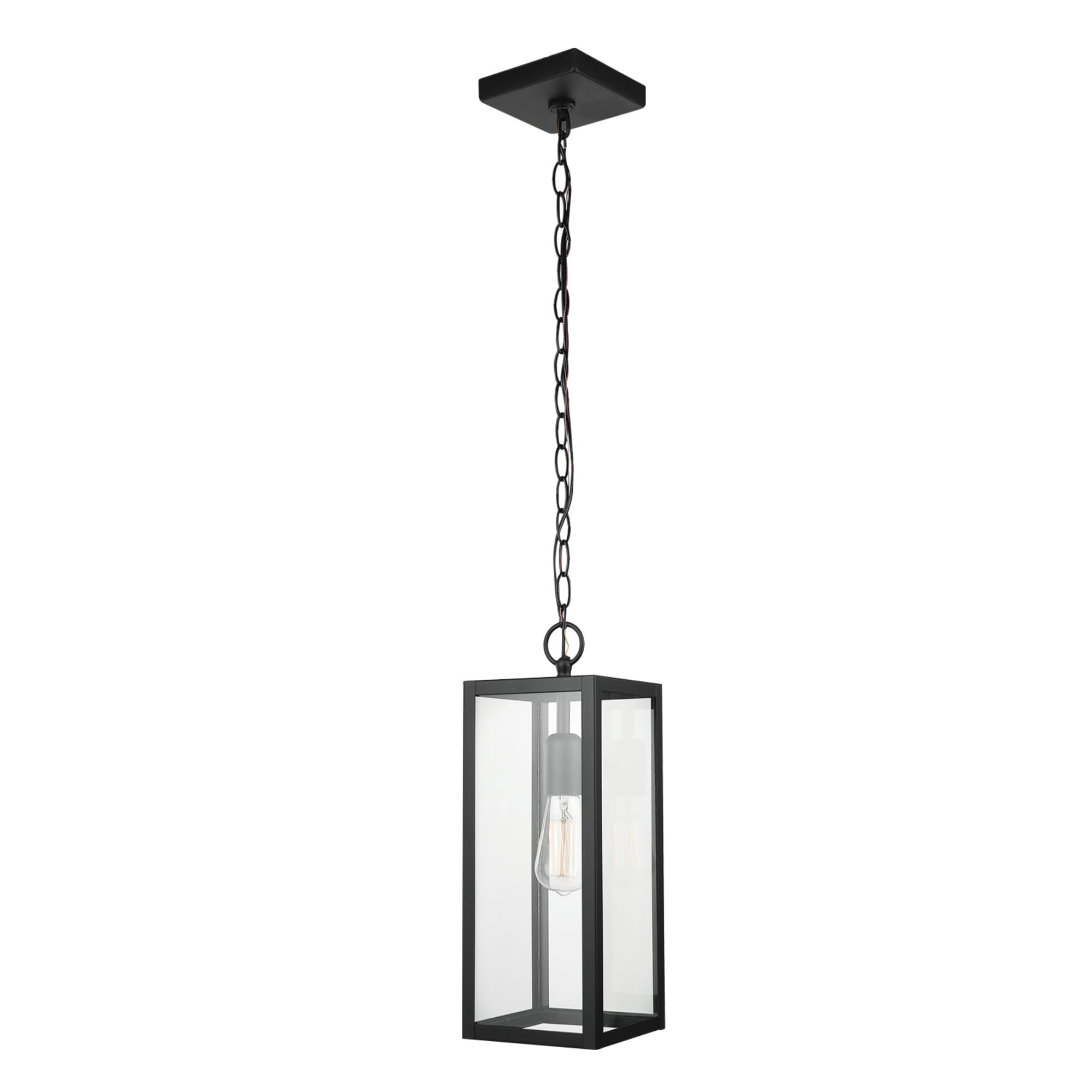 1-Light Outdoor Pendant, Matte Black, Clear Glass Shade, E26 Base Socket, Kitchen Island, Café, Ceiling Hanging Light Fixture, Modern, Vintage, Porch Light, Bulb Not Included