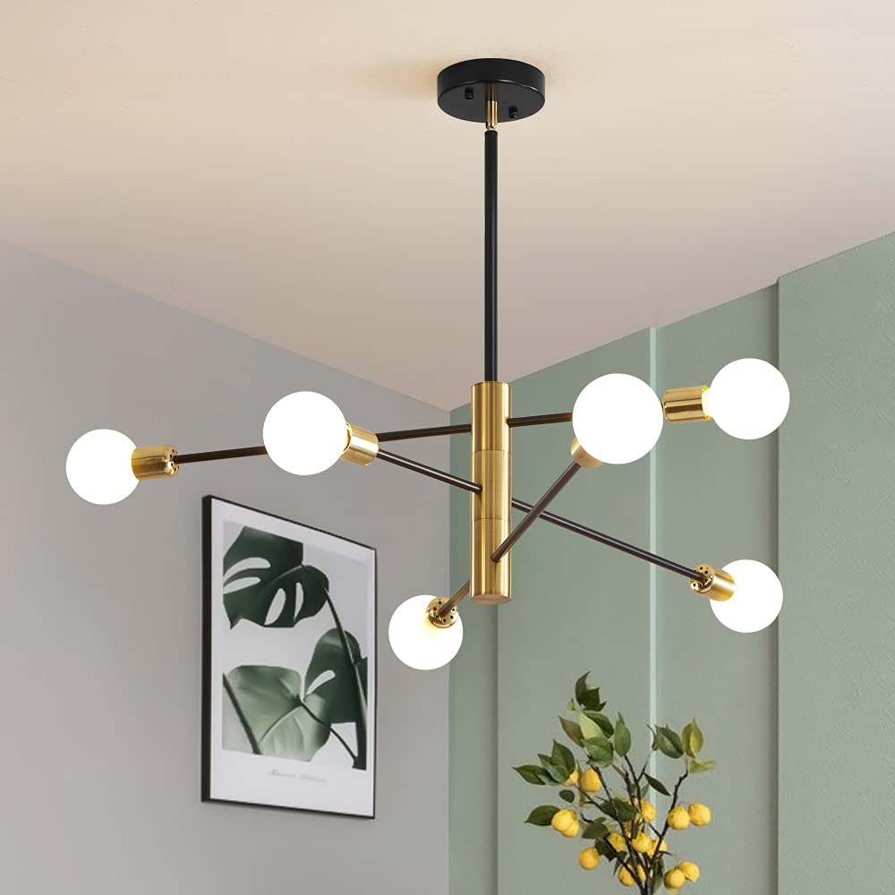 Sputnik Chandelier Modern Industrial E26 Gold Chandeliers Mid Century Ceiling Lighting Fixture for Living Room, Kitchen, Bedroom, Dining Room, and Farmhouse