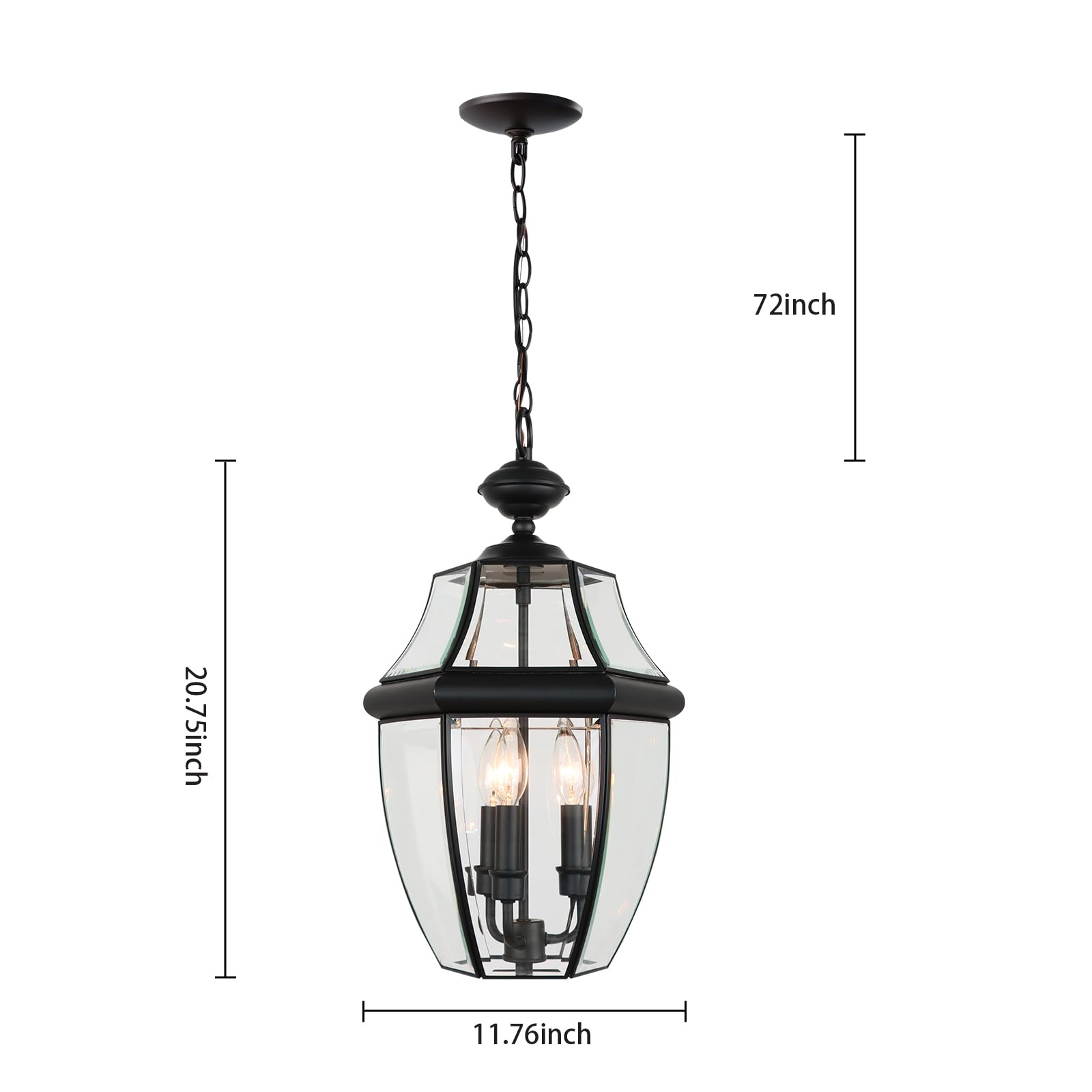 Large Outdoor Pendant Light Fixture 3-Light, 20in Modern Black Outdoor Chandelier Hanging Porch Light, Metal Exterior Ceiling Mount Hanging Lantern with Clear Glass for Front Door, Entrance, Gazebo