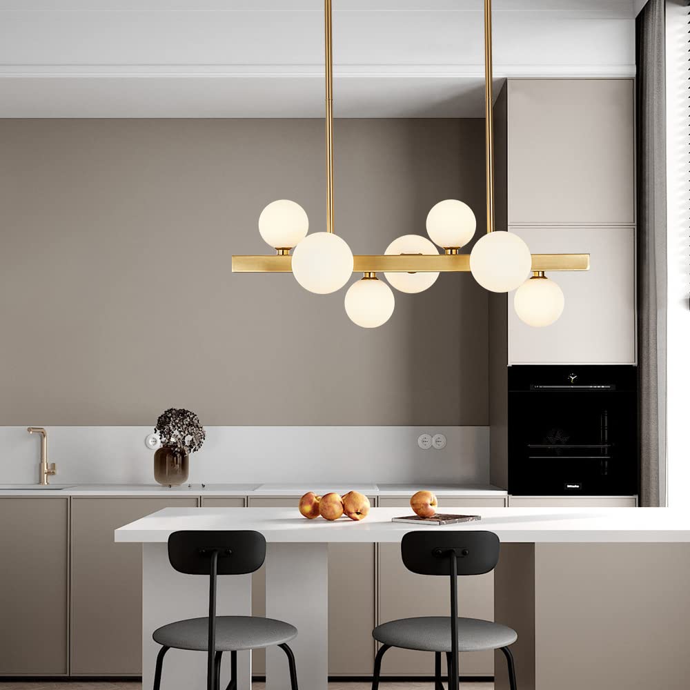 BOKT Modern Gold Chandelier 7-Lights Frosted Glass Globe Pendant Light Kitchen Island Linear Hanging Lighting Fixtures for Living Room Bedroom Dining Room Corridor