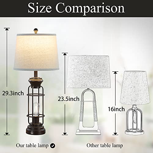 Farmhouse Table Lamp Set of 2 with USB Charging Ports, Tall Table Lamp for Living Room,3-Way Dimmable Lamps for Bedroom, Rustic Bedside Lamp, Industrial Nightstand Lamps,Bulbs Included