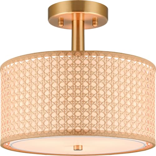 Semi Flush Mount Ceiling Light, Linen Fabric 12'' Drum Ceiling Light Fixture,Modern Gold Brass 3-Light Close to Ceiling Light Fixture for Dining Room Bedroom Living Room Hallway Kitchen