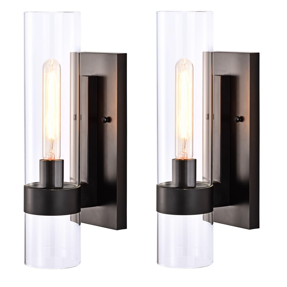 Black Indoor Wall Sconces Set of Two, Bathroom Vanity Light Fixtures Over Mirror, Glass Wall Lamps for Bedroom Side Vanity Lights for Bathroom Sink Hallway