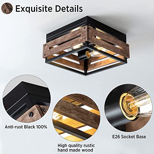 2-Light Farmhouse Flush Mount Ceiling Light, Rustic Ceiling Light, Metal and Wood Square Dining Room Light Fixture for Hallway Farmhouse Entryway Balcony Kitchen