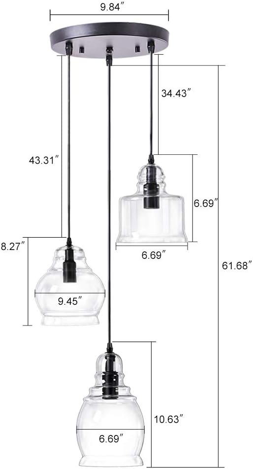 Wellmet Pendant Lights Kitchen Island Chandelier Globes Glass, 3 Lights Modern Linear Barn Hanging Pendant Lighting for Dining Room, Cluster Ceiling Lighting Fixture for Foyer