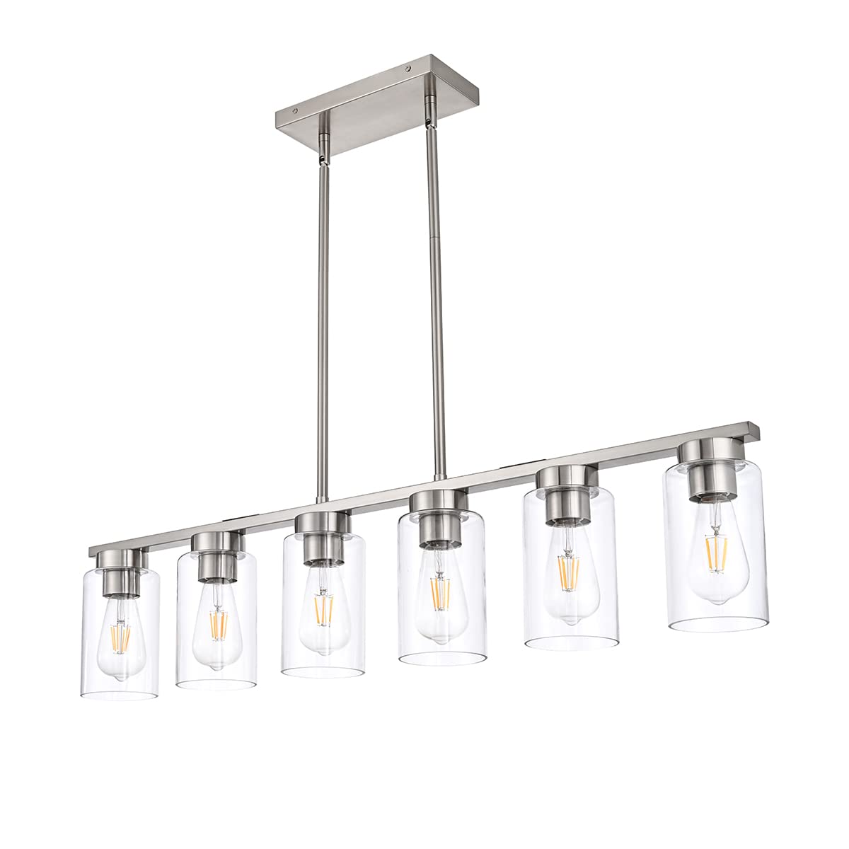 Modern Linear Farmhouse Chandelier, 6-Light Brush Nickel Kitchen Island Pendant Light with Glass Shade Fixture for Dining Room Foyer Bar Pool Table (Nickel)