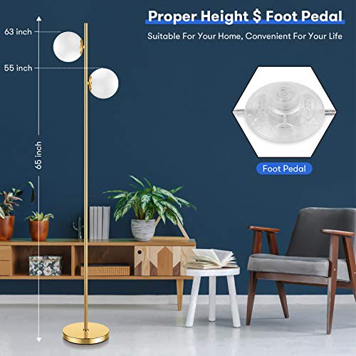 Mid Century Modern 2 Frosted Glass Globe Floor Lamp for Living Room,Contemporary LED Standing Light, Gold Corner Pole Office Bedroom, Study Room, Hotel, Antique Brass Lighting