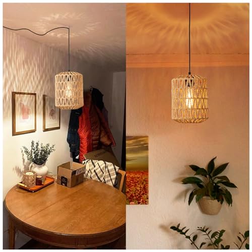 Plug in Pendant Light, Rattan Hanging Lights with Plug in Cord 15ft Dimmable Cord, Hand Woven Wicker Lampshade Hanging Lamp, Boho Plug in Hanging Ceiling Light Fixture for Farmhouse Bedroom White