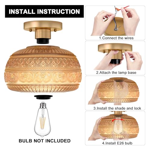 Semi Flush Mount Ceiling Light, Upgraded Modern Close to Ceiling Light Fixture with Clear Glass,Gold Indoor Kitchen Lighting for Porch Corridor Hallway Bedroom, Bulb Not Included