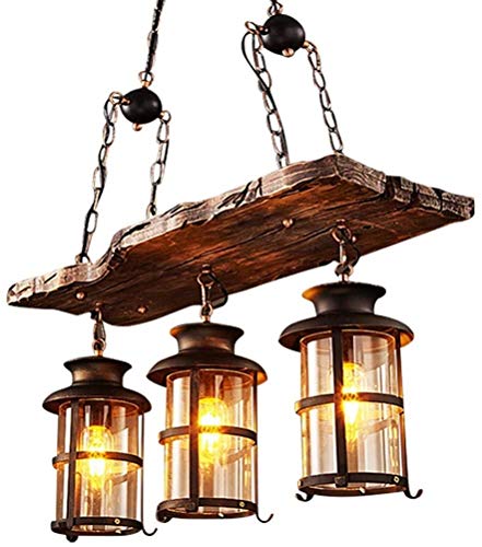 Wood Retro Pendant Lighting Industrial Vintage Chandelier Black Metal Bedroom Restaurant Suspension Lamp Cage Frame with Glass Shade House Loft Bar Coffee Decoration Ceiling Lights Fitting, E2