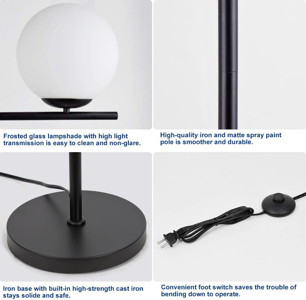 Modern LED Sphere Floor Lamp-9W Frosted Glass Globe Standing Lamps for bedroom, Energy Saving Mid Century Tall Pole Standing Accent lighting for Living Room, Office, Bedroom, Black